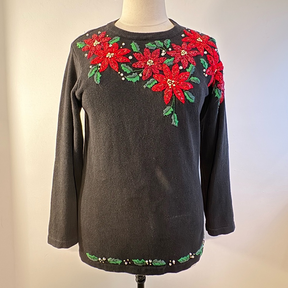 Beaded "ugly" Christmas sweater with poinsettia motif, 80s-90s